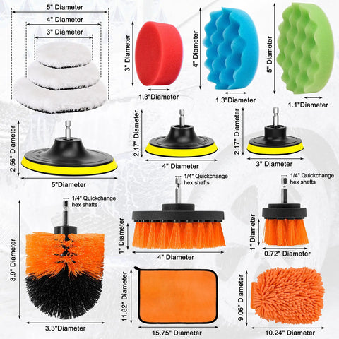 Car Detailing Kit With 26 Piece Pro Grade Polishing Pads Set In 3 Inch 4 Inch And 5 Inch Sizes Plus Drill Brushes Towels Microfiber Gloves Wool Pads Self Adhesive Discs For Drill Polisher And Buffer displayed in various sizes and shapes, including brushes and pads.