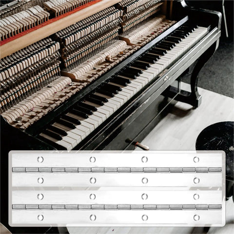 Hefty Tough 4 Pack 8 Inch Continuous Piano Hinges Made From Top Shelf 304 Stainless Steel That Lock Onto Cabinets Or Diy Furniture Without Skipping A Beat In Sleek Silver with piano background.