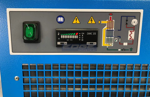 Control panel of Tough As Nails Refrigerated Air Dryer with gauges and settings for moisture control and air quality.