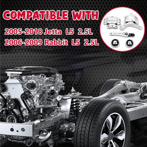 Beefed-Up Engine And Transmission Mount Kit For 2005-2018 Jetta 2.5L L5 Rabbit 2006-2009 L5 2.5L displayed with vehicle frame.