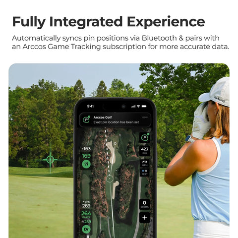 Golfer using Smart Laser Rangefinder For Golf With Slope And Wind AI Powered Plays Like Distances Green Maps On Course Pro Grade