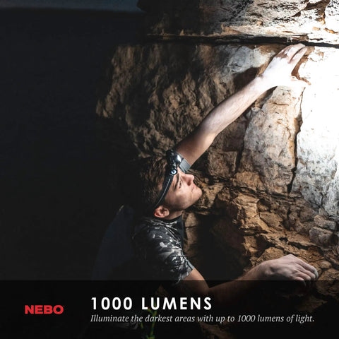 Man climbing rock face at night wearing Transcend 1000 Lumen Rechargeable Headlamp With 5 Light Modes and Detachable Magnetic Work Light.