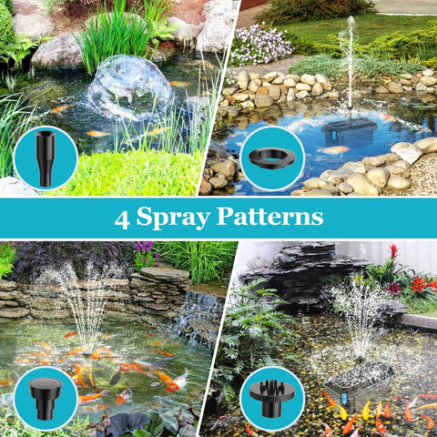 25W Solar Pond Filter Box With Water Pump, showing 4 spray patterns in ponds and garden settings with PVC tubing