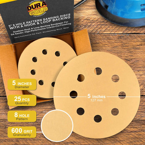 Close-up of 600 Grit Pro Grade 5 Inch Sanding Discs, 8 Hole Pattern Dustless, in box with specifications highlighted.