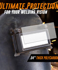 Premium 0.04 Inch Clear Welding Lens 2x4.25 for Helmets, featuring polycarbonate lens installed on welding helmet