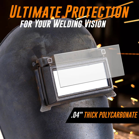 Premium 0.04 Inch Clear Welding Lens 2x4.25 for Helmets, featuring polycarbonate lens installed on welding helmet