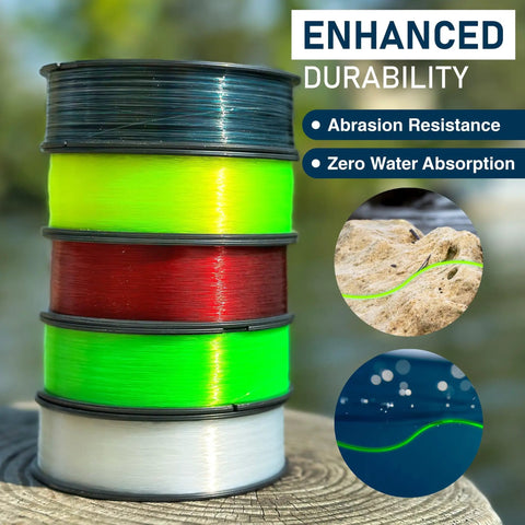 Spools of Monofilament Fishing Line Premium Nylon Mono with low memory, shown in various colors including Hi Vis Green, on outdoor background.