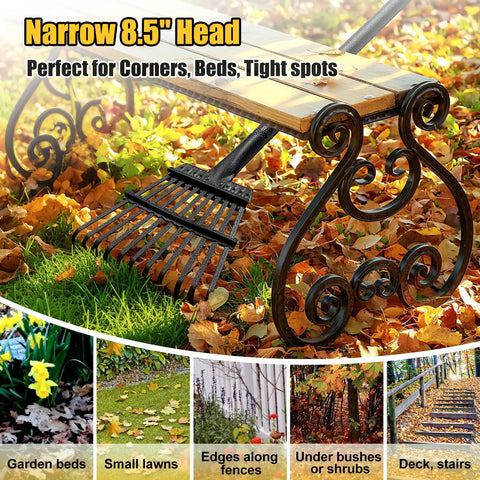 Heavy Duty Metal Garden Rake With Eleven Steel Tines Eight Point Five Inch Wide Head And Sixty Inch Long Handle in autumn leaves