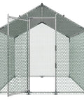 Front view of Metal Chicken Coop With Large Walk In Run And Cover, 6.56 Ft Square Spire Roof Hen House Enclosure, Security Lock