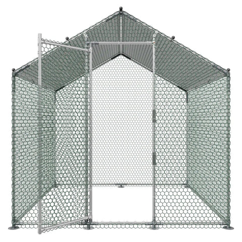 Front view of Metal Chicken Coop With Large Walk In Run And Cover, 6.56 Ft Square Spire Roof Hen House Enclosure, Security Lock
