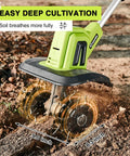 22V Cordless Garden Tiller Cultivator in action, showcasing 9-inch width and 6.3-inch depth, ideal for soil prep and weeding.