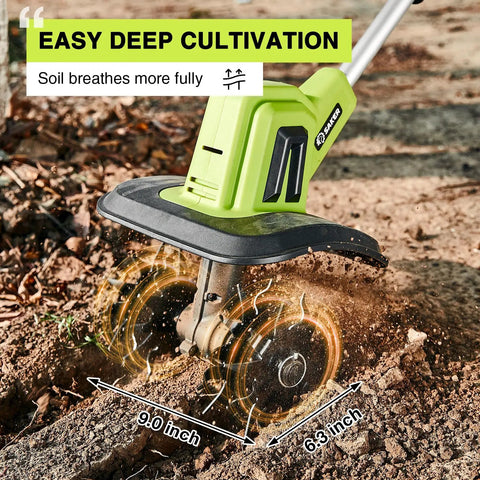 22V Cordless Garden Tiller Cultivator in action, showcasing 9-inch width and 6.3-inch depth, ideal for soil prep and weeding.