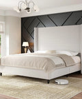 Chill In Style With This Super Comfy Queen Upholstered Bed Frame Featuring A Tall 63 Inch Corduroy Wingback Headboard In Classic Cream Fabric For Ultimate Bedroom Vibes And Solid Nightly Rest - Side view of cream corduroy queen bed frame with textured headboard in a bright room.