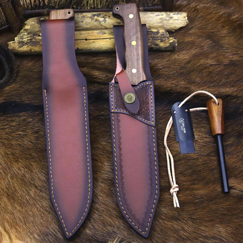 Beefy Fixed Blade Knife With Sheath For Outdoor Hunting Camping And Survival And EDC alongside Cerium Fire Starter.