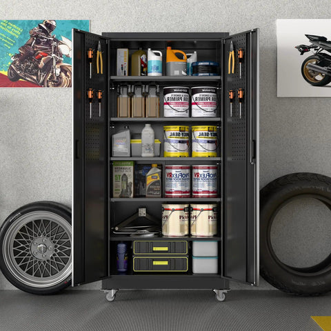 Open Beefy Heavy Duty Metal Storage Cabinet With Wheels And Pegboard, 71 Inch Tall Industrial Steel Cabinet in garage
