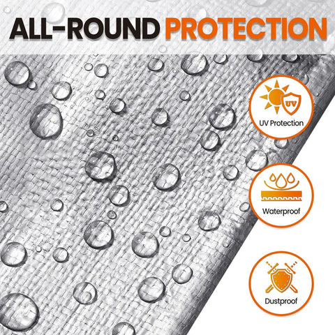 Beefy All Weather Heavy Duty Waterproof Tarp 16 Mil Thick, 10x12 Feet showing water droplets and UV protection icons.