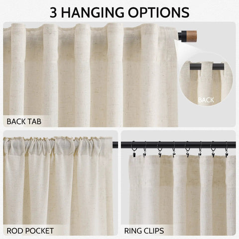 Birch Beige Linen Curtains 84 Inches Long Light Filtering Semi Sheer Back Tab Drapes for Living Room hanging options
