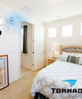 16 Inch Oscillating Wall Mount Fan With Remote Control 3 Speed 2050 CFM installed in a bedroom with bed and artwork on wall