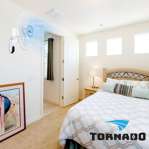 16 Inch Oscillating Wall Mount Fan With Remote Control 3 Speed 2050 CFM installed in a bedroom with bed and artwork on wall