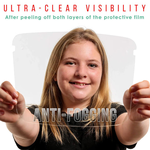 Girl holding anti-fog face shield from Kids Face Shields With Glasses Frames Case Of 200 Includes 40 Of Each Color Green Yellow Blue Red Clear Anti Fog PET Plastic Full Face Protection For Eyes Nose And Mouth With Comfortable Inside Frames