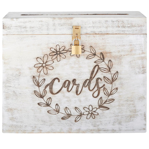 Real Deal Solid Wood Wedding Card Box With Tight Lock And Wide Opening To Bag Every Last One Of Those Sweet Guest Envelopes Clean Rustic Vibe Built Strong For Big Day Gatherings Or Bridal Showers Here. White wood card box with floral design and secure lock.