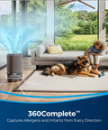 Room with air purifier showing 360 air intake, child playing with dog, modern interior, large windows, outdoor view.