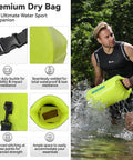 Person wading with Floating Waterproof Dry Bag Backpack 40L for kayaking, showing heavy-duty buckle and welded seams.