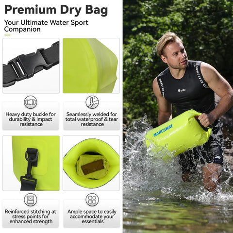 Person wading with Floating Waterproof Dry Bag Backpack 40L for kayaking, showing heavy-duty buckle and welded seams.