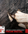 Kickass Heavy Duty Paint And Varnish Stripper Gel For Wood And Metal applied on metal surface using a scraper.