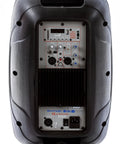 Back panel view of All In One 10 Inch Powered DJ Speaker Pair With 1000W Peak Power Party Ready Pro Bass Amplified PA System Featuring Bluetooth USB SD MP3 AUX FM Radio LED Lights Karaoke Mic Guitar Amp Two Heavy Duty Tripod Stands Cables And Microphone Included showing input ports and controls.