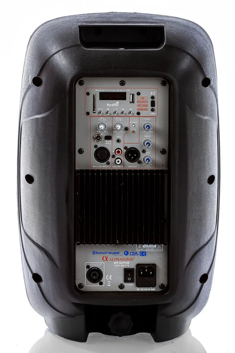 Back panel view of All In One 10 Inch Powered DJ Speaker Pair With 1000W Peak Power Party Ready Pro Bass Amplified PA System Featuring Bluetooth USB SD MP3 AUX FM Radio LED Lights Karaoke Mic Guitar Amp Two Heavy Duty Tripod Stands Cables And Microphone Included showing input ports and controls.