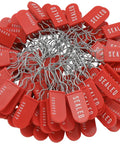 Killer Strength Plastic Wire Padlock Security Seals Sequentially Numbered Pack Of 100 Red Galvanized Steel Hasps arranged in a circle.