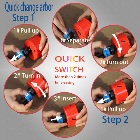 Fast Change Hole Saw Mandrel with 7/16 Inch Shank Quick Connect Arbor for 9/16 to 10 Inch Hole Saws quick switch demonstration