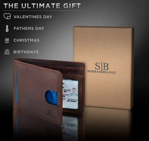RFID Blocking Slim Bifold Leather Wallet For Men, Front Pocket Minimalist Billfold, Genuine Texas Brown 2.0 shown with gift box