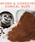 Electric Conical Burr Grinder showcasing uniform grind with 40mm burrs for brewing, perfect for fine espresso to coarse French press.