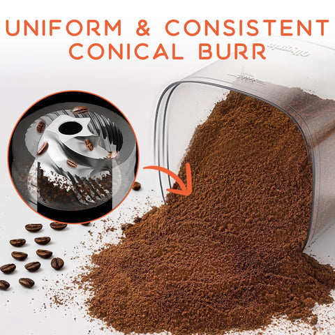 Electric Conical Burr Grinder showcasing uniform grind with 40mm burrs for brewing, perfect for fine espresso to coarse French press.