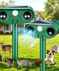 Solar Powered Yard Animal Deterrent With Motion Sensor Ultrasonic Cat Fox Raccoon Rabbit Squirrel Coyote Repeller Waterproof Outdoor Pest Guard For Garden Lawn Farm 2 Pack, two green units on stakes
