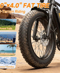 Close-up of 20x4 inch fat tire on Beast 1500W Peak Electric Bike for adults, showcasing all-terrain capabilities in desert landscape.