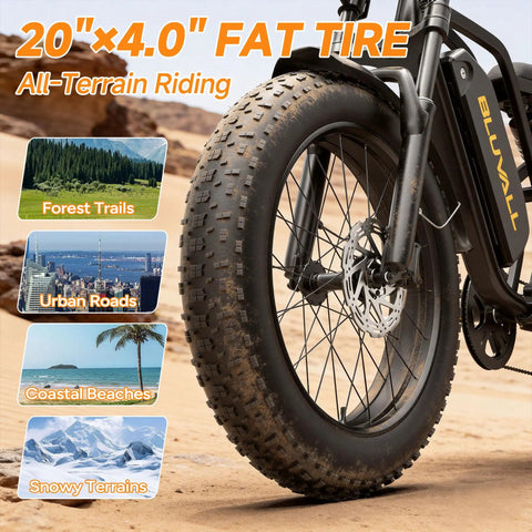 Close-up of Beast Electric Fat Tire Mountain Bike for Adults With 1000W Peak Power Motor 20x4.0 fat tire in desert landscape.