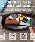 Genuine Full Grain Leather Toiletry Bag For Men Slick Travel Dopp Kit And Shaving Organizer with grooming items.