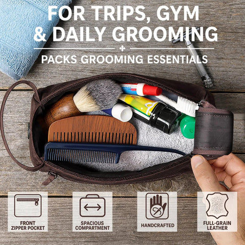 Genuine Full Grain Leather Toiletry Bag For Men Slick Travel Dopp Kit And Shaving Organizer with grooming items.