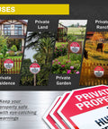 Tough As Nails 6 Pack 12 Inch Rustproof Aluminum Weather Resistant No Hunting Or Trespassing Signs For Outdoor Property Fences And Pastures Built Solid Legit Yard Markers displayed in residential and ranch settings.