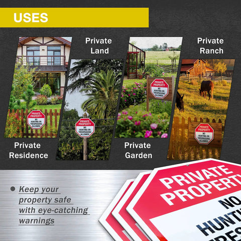 Tough As Nails 6 Pack 12 Inch Rustproof Aluminum Weather Resistant No Hunting Or Trespassing Signs For Outdoor Property Fences And Pastures Built Solid Legit Yard Markers displayed in residential and ranch settings.