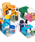 Hella Organized Plastic Storage Bins With Lids, Big Capacity Deep Containers For Pantry Fridge And Cube Shelves In A Four Pack with cleaning supplies.