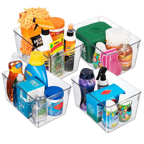 Hella Organized Plastic Storage Bins With Lids, Big Capacity Deep Containers For Pantry Fridge And Cube Shelves In A Four Pack with cleaning supplies.