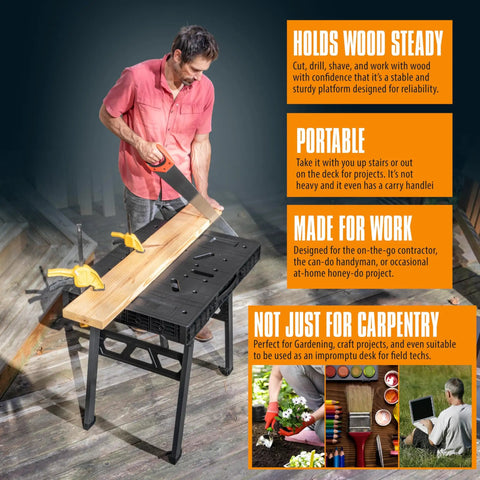 Man using Portable Folding Workbench With 3 Second Setup, 34 Inch Wide By 24 Inch Deep Work Table, Lightweight Yet Durable 1650 Lb Load Capacity