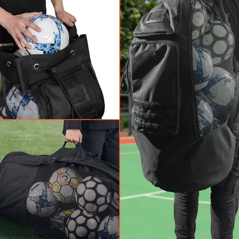 Heavy Duty XL Mesh Sports Gear Bag with balls, adjustable backpack straps and front pockets for coaches on the go.