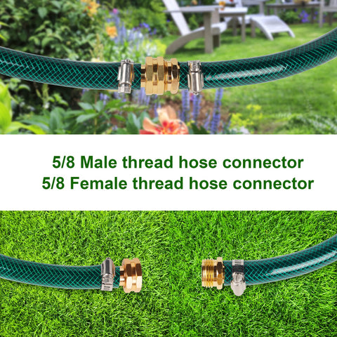 Image showing Four Pack Aluminum Garden Hose Repair Connectors Set With Clamps Five Eighth Inch Barb To Three Quarter Inch GHT Thread Male And Female Hose Repair Fittings With Rubber Washers Leak Proof Quick Fix For Your Outdoor Watering System set, with hose connectors displayed on a lawn and garden background.