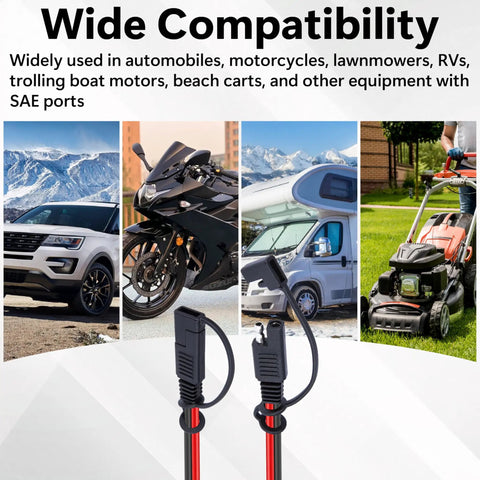 Heavy Duty 12 Awg Quick Disconnect Power Wire Harness Bulletproof Polarized 2 Pin Pure Copper Plug Built Tight connectors in use with RV, motorcycle, and lawnmower.