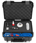 Open case with Underwater Treasure Hunting Magnet Fishing Kit With Case And Dual Strength Magnets 880Lb Double Sided And 550Lb Single Sided Includes Rope Carabiner Threadlocker And Gloves For The Real Magnet Fishing Crew visible